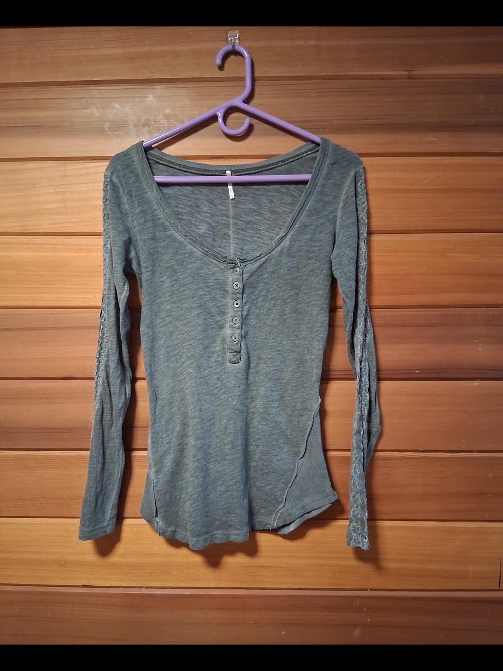 🔅Free People Gray Long Sleeve Henley with Button Placket & Delicate Details